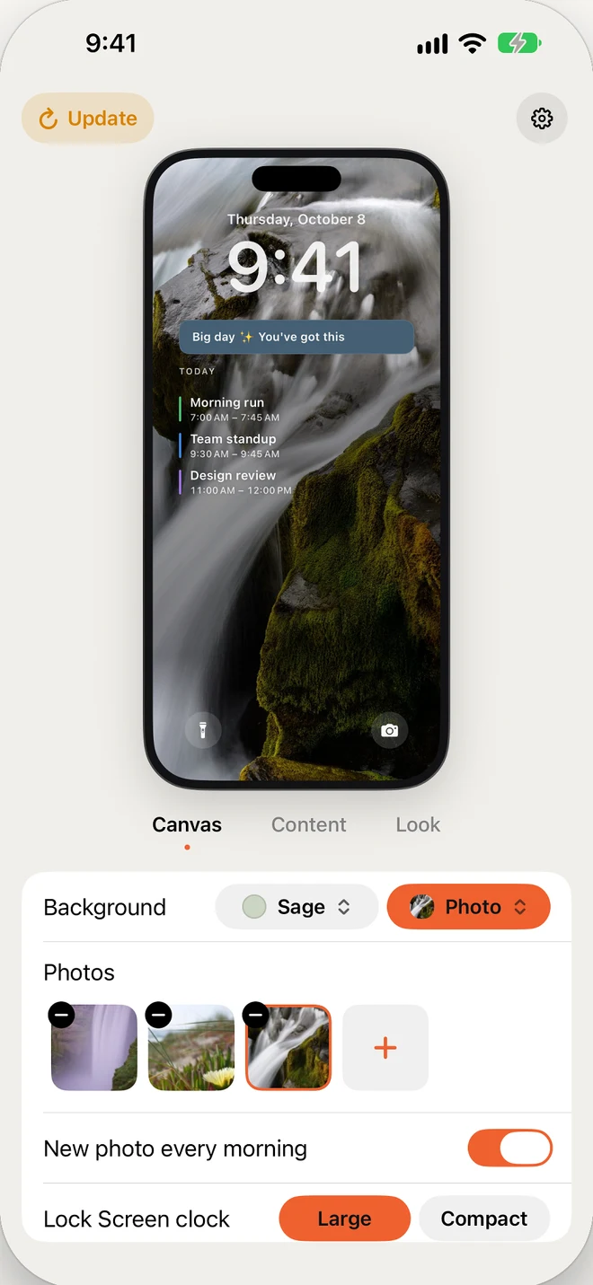 Calpaper 1.4 的「畫布」編輯器：三張照片，「每天早上換一張照片」已開啟，以及「畫布」、「內容」、「外觀」三個步驟。