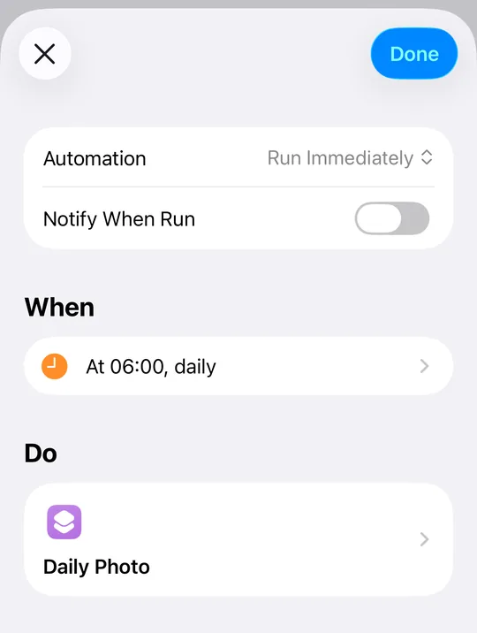 The saved automation: Automation, Run Immediately; Notify When Run off; When, At 06:00, daily; Do, Daily Photo.