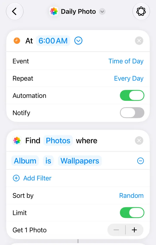 The Daily Photo shortcut on iOS 27: At 6:00 AM, Event Time of Day, Repeat Every Day, Automation on, Notify off; Find Photos where Album is Wallpapers, Sort by Random, Limit on, Get 1 Photo.